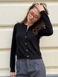 Damen schwarze Strickjacke Cardigan Knöpfe Rundhalsausschnitt Pullover Jacke Oberteil.
