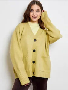 Cardigan de Punto Suelto Monotonos de Manga Larga con Cuello en V Casual para Mujer en Color Sólido Ropa de Abrigo de Otoño e Invierno