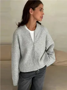 Dames Casual Lange Mouw Rits Cardigan Trui Effen Kleur Los Gebreid Jasje Top Herfst Winter Mode