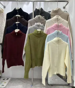 Women's zip-up turtleneck knitted cardigan sweater solid color ribbed knit outerwear top