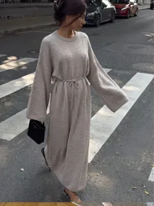 Damen Casual Langarm Rundhals Strick Pullover Kleid Einfarbig Loose Winter Maxi Kleid Mode Pendler Kleidung