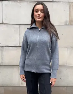 Women grey knitted zip-up cardigan sweater casual long sleeve outerwear knitwear basic top