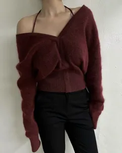 Women off shoulder burgundy knit sweater detail view, cozy oversized pullover top.