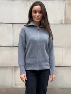 Grey knitted zip-up cardigan for women, casual long sleeve sweater with zipper closure.
