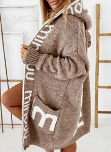 Damen Strickjacke mit Kapuze lang modischer Buchstabendruck Freizeit Cardigans.