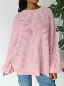 Rosa Oversize Strickpullover Detail, kuscheliges Zopfmuster Diamant Winter Damen Oberteil.