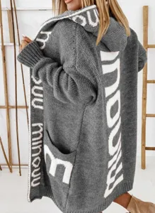 Damen Langarm Kapuze Strickjacke Pullover Freizeit Grau Oberbekleidung mit Buchstaben Design