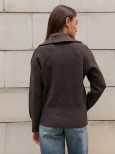 Women's brown knit cardigan sweater detailed back view, cozy knitted outerwear for daily wear.