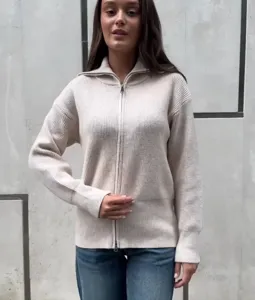Women's beige ribbed knit zip-up cardigan sweater casual outerwear chic daily style