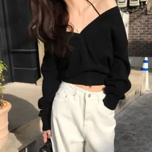 Details of women's black V-neck knit sweater showcasing the chic neckline and soft fabric.