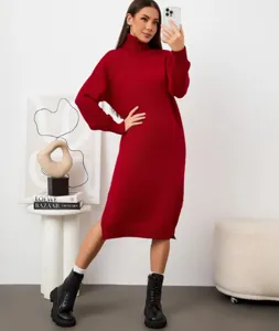 Donna abito maglione collo alto largo maniche lunghe lavorato a maglia inverno chic elegante