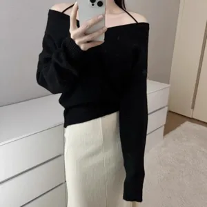 Women's V-neck knit sweater, casual off-shoulder pullover top for autumn winter daily wear.