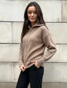 Women zip up knit cardigan solid color long sleeve casual sweater outerwear stylish daily wear