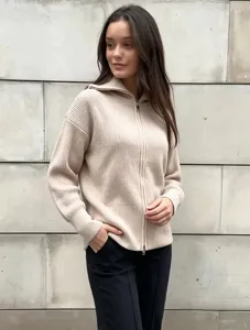 Beige knit zip-up cardigan for women, casual long sleeve sweater outerwear with high collar.