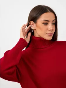 Abito maglione dolcevita rosso da donna, manica lunga invernal moda abbigliamento.