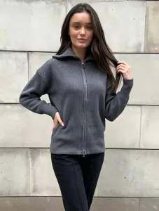 Women ribbed knit zip cardigan sweater, comfortable long sleeve dark grey outerwear detail.