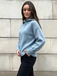 Light blue ribbed knit zip-up cardigan for women, showing stylish collar and fine texture.