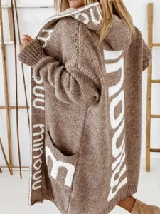 Damen Casual Langarm Mit Kapuze Strickjacke Lose Buchstabenmuster Offene Front Pullover Oberbekleidung Mantel