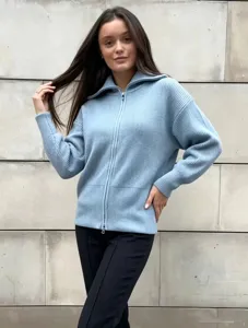Light blue knit zip up cardigan for women, casual long sleeve ribbed sweater outerwear top.
