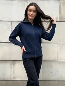 Women navy blue ribbed knit zip up cardigan sweater detail view, casual outerwear style.