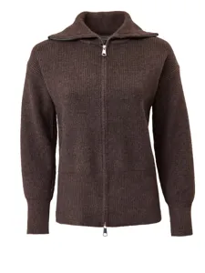 Women brown knitted zip-up cardigan sweater with lapel collar and long sleeves casual wear.
