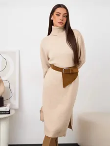 Donna elegante abito pullover collo alto maglia inverno manica lunga midi casual