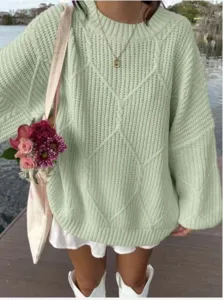 Mintgrüner Zopfmuster Pullover für Damen, kuscheliger lockerer Strickpullover mit Rundhalsausschnitt.