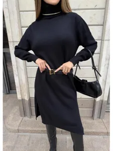 Abito maglione collo alto donna nero vestito in maglia manica lunga outfit casual invernale