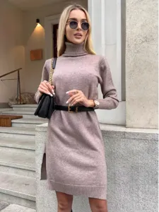 Elegante abito in maglia a collo alto da donna, comodo vestito midi a maniche lunghe.