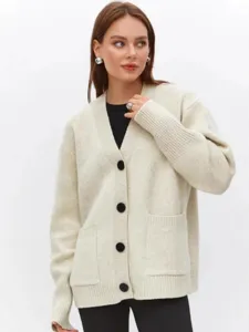 Cárdigan de punto para mujer con cuello en V, botones delanteros y bolsillos para el otoño invierno.
