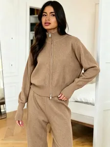Casual knit zip-up sweater and wide-leg pants two-piece set for stylish autumn winter wear.