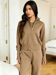 Brown knit zip-up cardigan and pants set, cozy autumn winter commuter casual two-piece outfit.