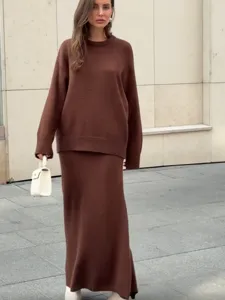 Ensemble pull et jupe en tricot marron femme oversized manches longues decontracte automne