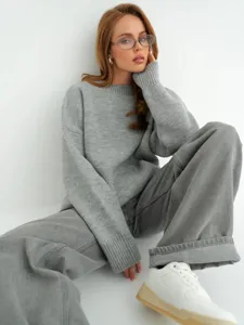 Donna maglione lavorato a maglia grigio largo casual autunno inverno caldo top elegante