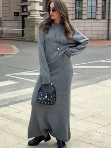 Ensemble Pull Tricot Gris et Jupe Longue Femme Casual Manches Longues Maxi Jupe Chic