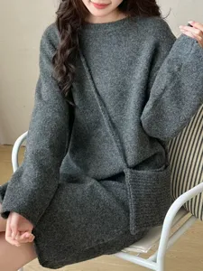Korean style lazy knit sweater dress dark gray oversized warm cozy winter outfit for women main