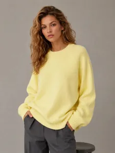 Donna pullover in maglia morbido largo inverno casual manica lunga collo tondo giallo
