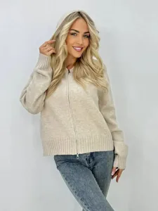 Femme cardigan en tricot beige a capuche zippe pull ample decontracte automne hiver