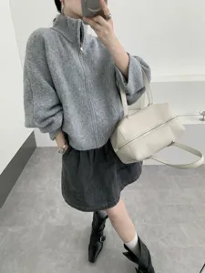 Koreanischer Stil Herbst Winter graue Strickjacke Damen Reißverschluss Pullover chic