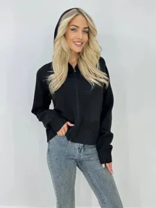 Cardigan en tricot noir à capuche pour femmes avec fermeture éclair, manteau ample décontracté.