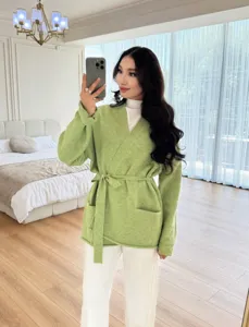 Mujer verde cárdigan de punto jersey cruzado con cinturón casual otoño invierno top