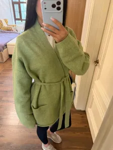 Cardigan de Punto Acrílico Casual para Mujer Cuello en V Manga Larga Suéter Ropa de Punto Holgada con Cinturón Moda Otoño Invierno