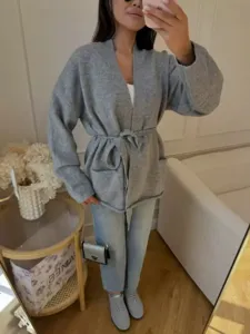Cardigan de punto gris para mujer, abrigo holgado con cuello en V y cinturón para otoño