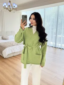 Cardigan de punto suelto con cinturon para mujer jersey otoño invierno verde abrigo