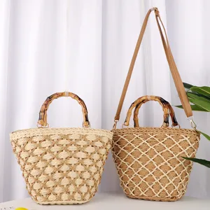 Femmes Mode Sac Cabas en Paille Tressée Corde de Papier Casual Sac à Main de Navette Design Creux Quotidien