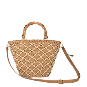 Élégant Sac en Paille Tissé Poignée en Bambou Sac Bandoulière Cabas d'Été pour Femme