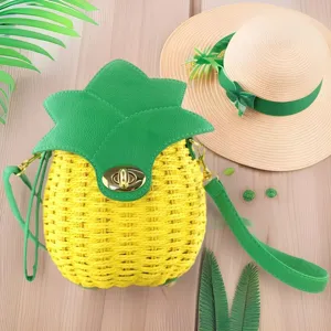 Women's Cute Pineapple Straw Woven Crossbody Bag Fashion Colorblock Casual Handbag Summer Vacation Beach Bag
