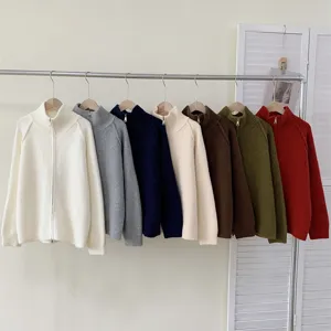 Women casual zip up knit cardigan sweater loose long sleeve outerwear autumn winter basic top