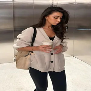 Oversized chunky knit cardigan for women, casual V-neck button-down sweater coat, cozy daily.