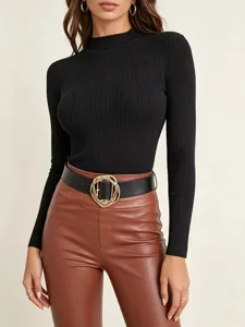 Women's slim black knit sweater with mock neck and long sleeves, perfect for autumn layering.